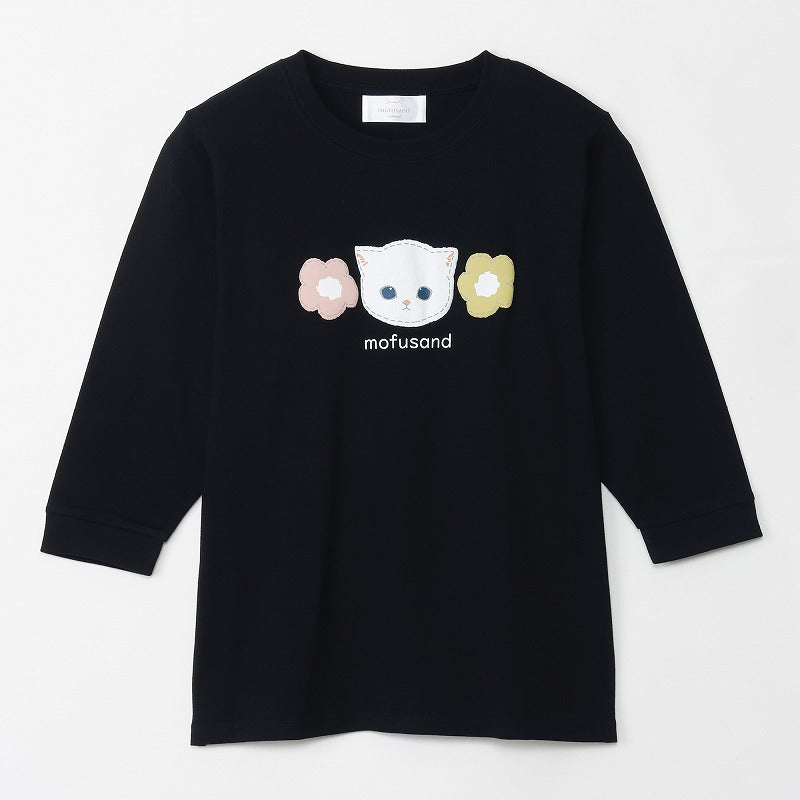 mofusand 7 -minute length T -shirt White cat black