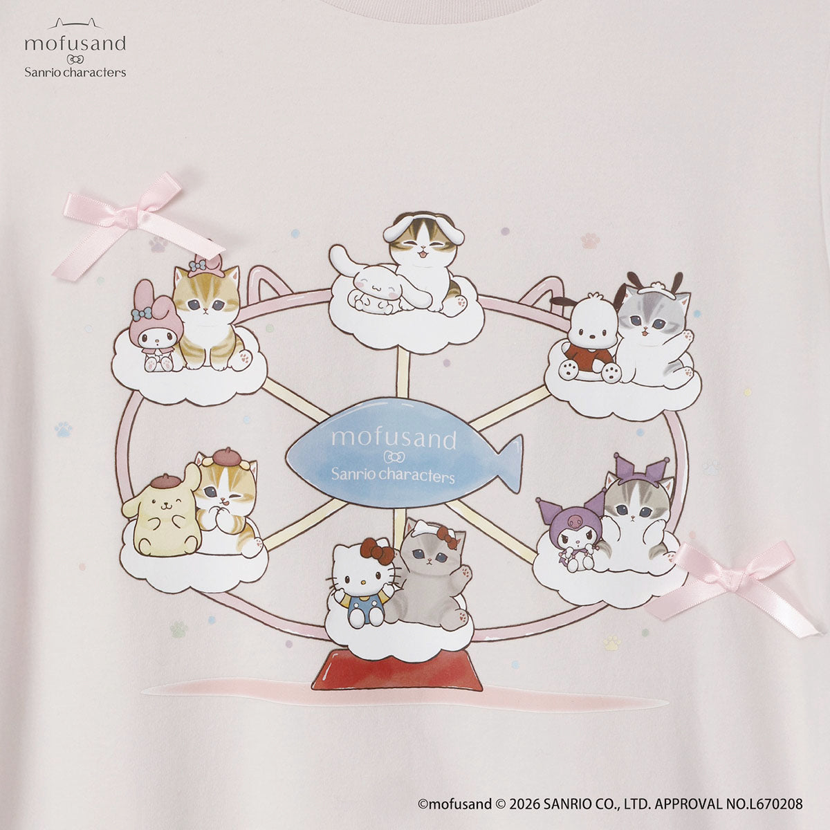 mofusand x Sanrio Characters T-shirt Cloud Ferris Wheel Pale Pink