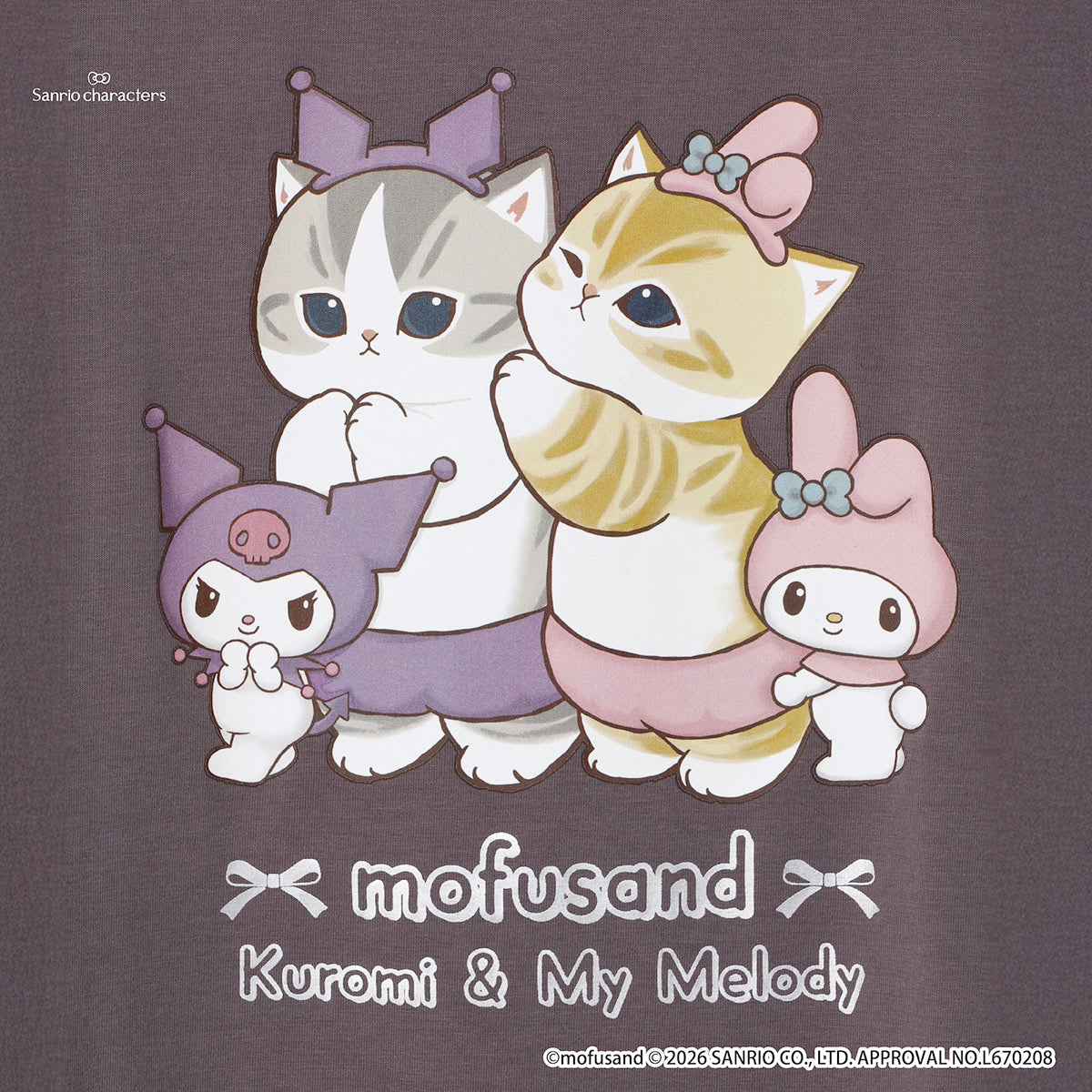mofusand x Sanrio Characters T-shirt Kuromi & My Melody Sumi Black