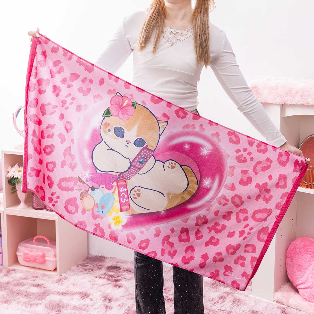 mofusand ぎゃるにゃん やわらかバスタオル(ピンク豹柄)