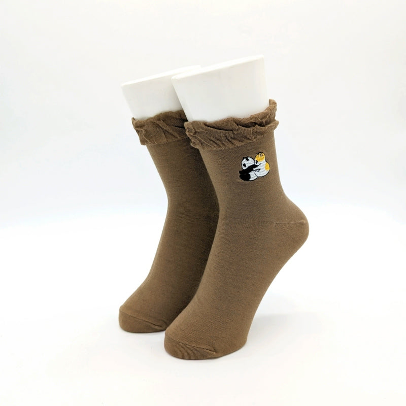 mofusand クルーソックス(パンダっこ刺繡 ブラウン)
