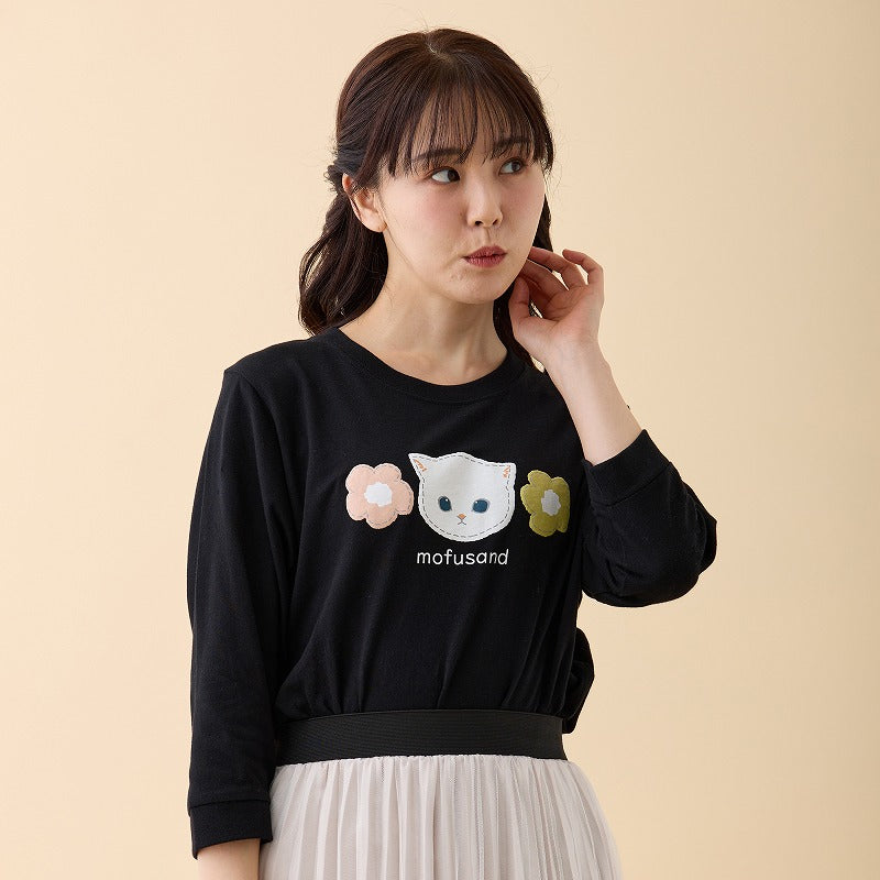 mofusand 7 -minute length T -shirt White cat black