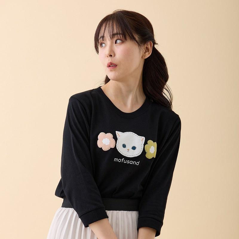mofusand 7 -minute length T -shirt White cat black