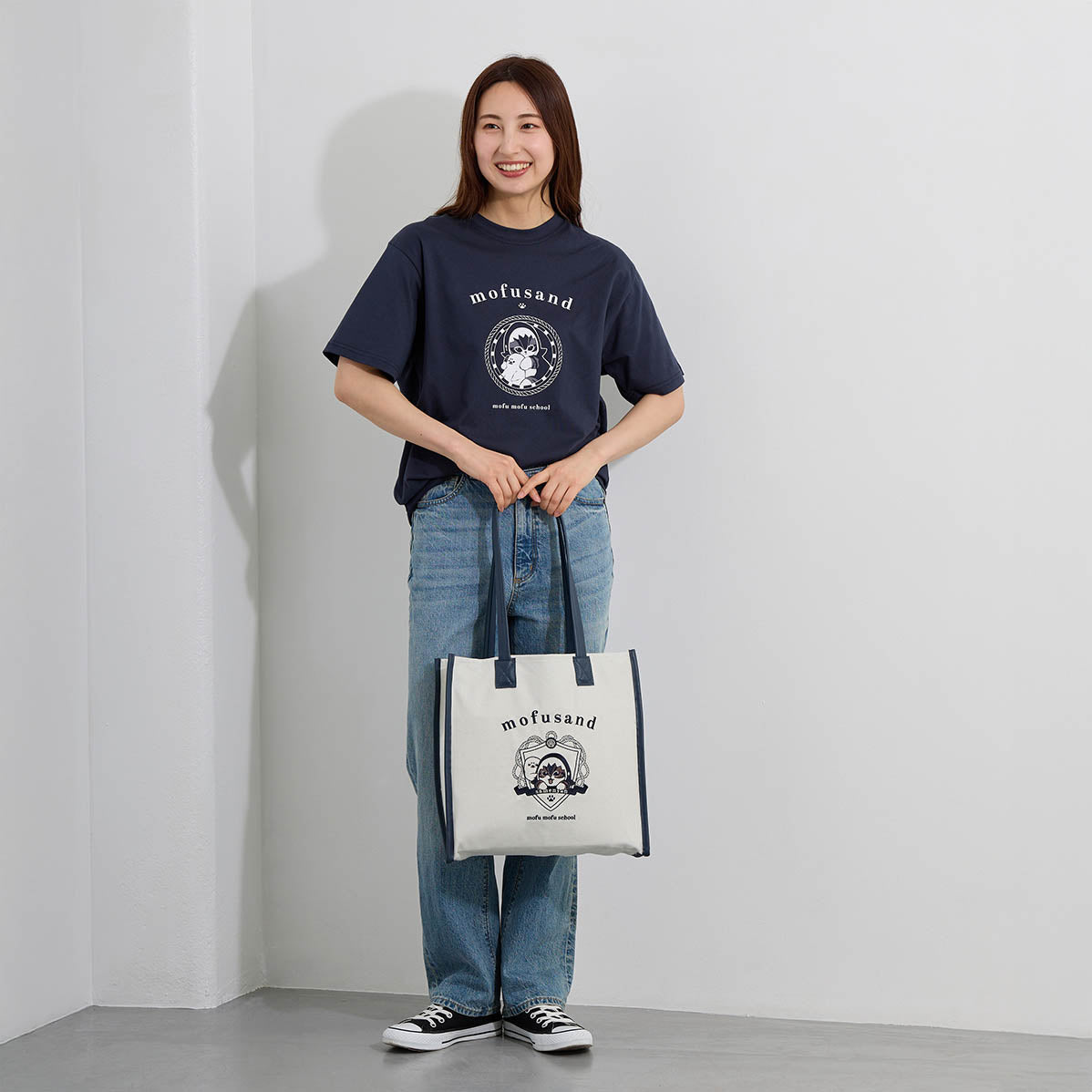 mofusand トートバッグ カレッジ風サメにゃん グレー | mofusand