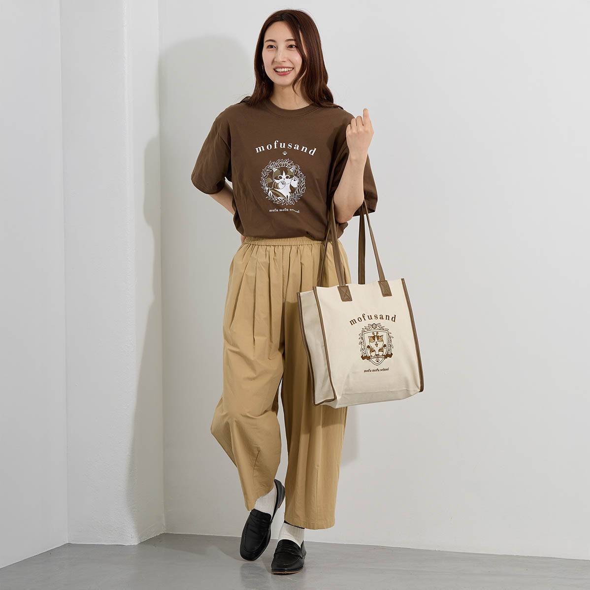 mofusand トートバッグ カレッジ風はちにゃん サンドベージュ