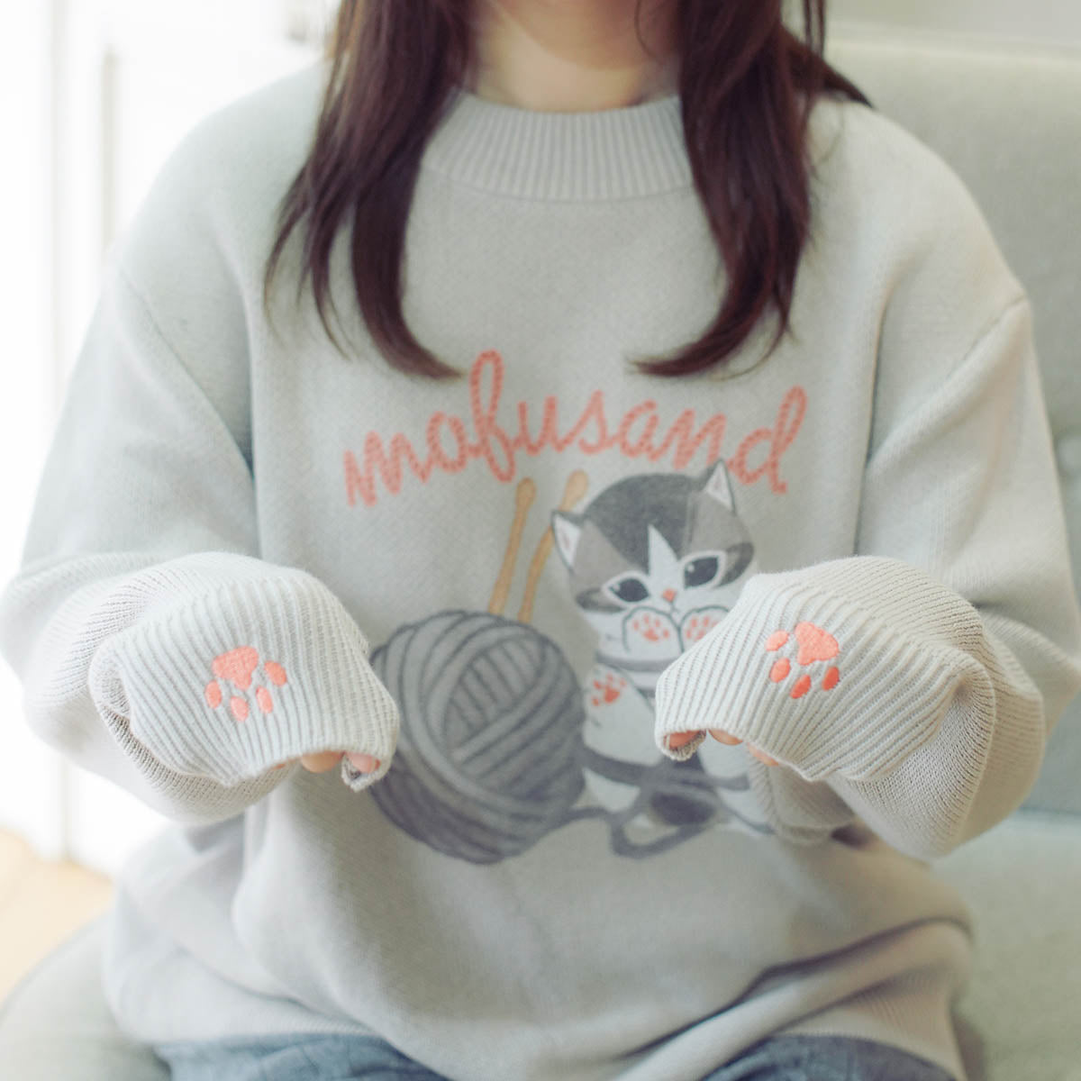 mofusand 毛糸玉 セーター ぐるぐるにゃん グレー | mofusandもふもふ