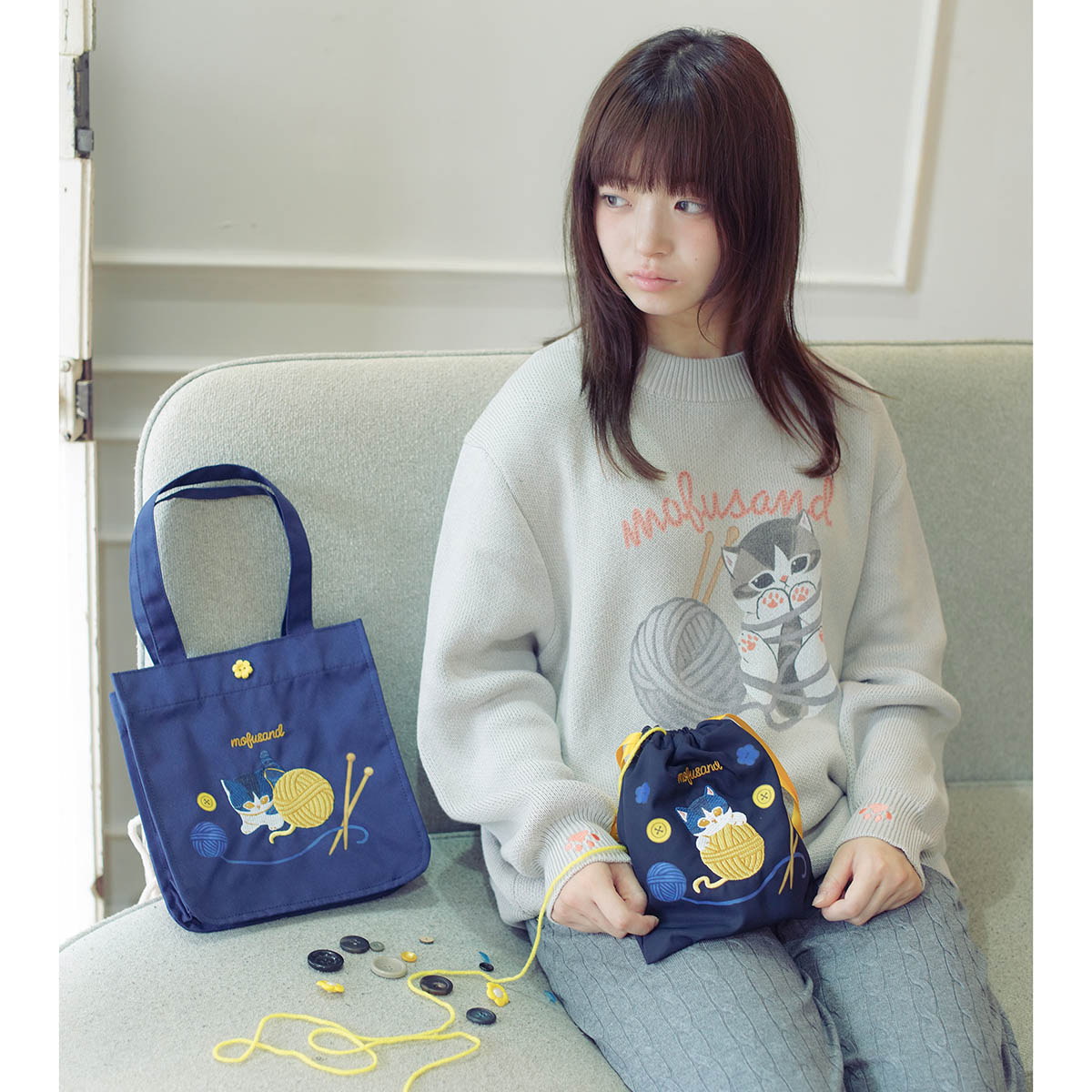 （ごま専用）フード付きぬいぐるみ 青い髪 mofusand 毛糸玉 セーター ぐるぐるにゃん グレー | mofusand