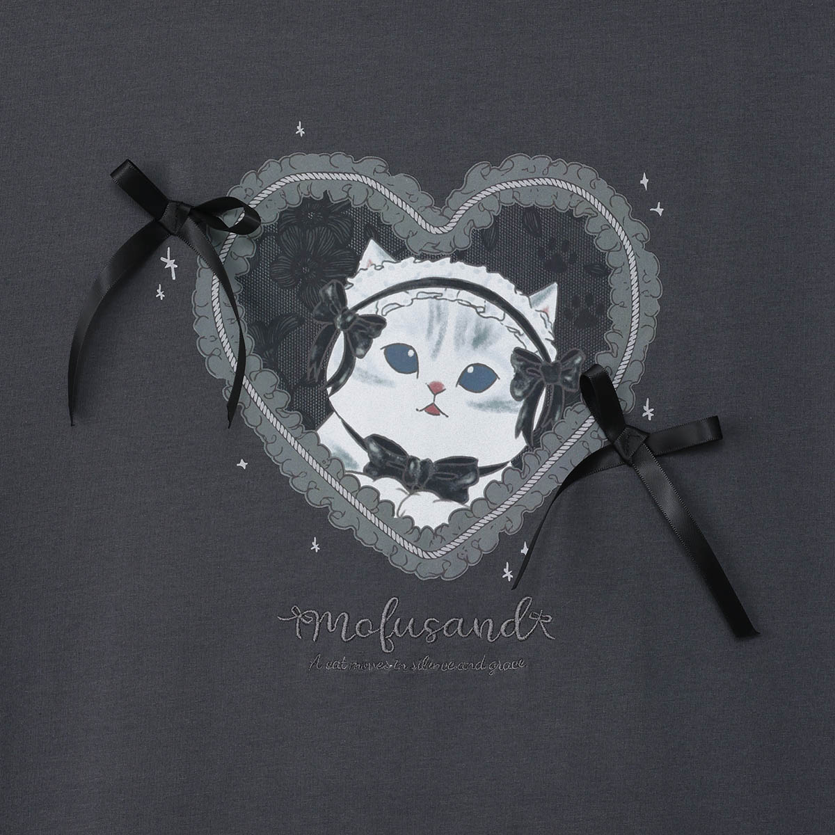 mofusand Balletcore T-Shirt Black Ribbon Meow (Black) | mofusand