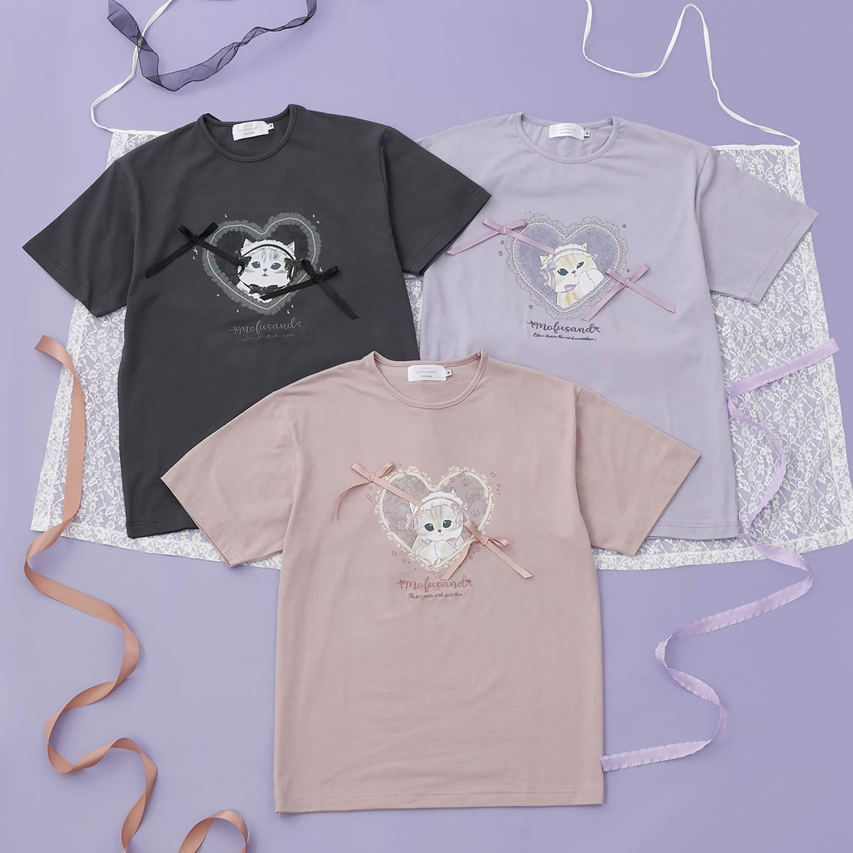 MOEFLAVOR 萌FLAVOR Ribbon Kitten XS-S 新品 mofusand Balletcore T-Shirt Black Ribbon Meow (Black) | mofusand