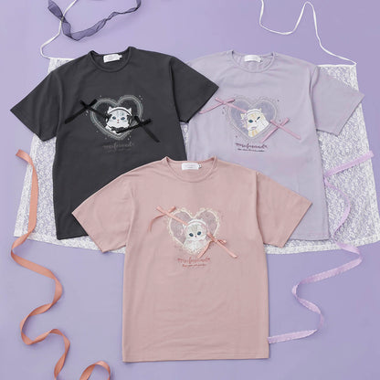 mofusand Balletcore T-Shirt Peach Ribbon Meow (Pink)