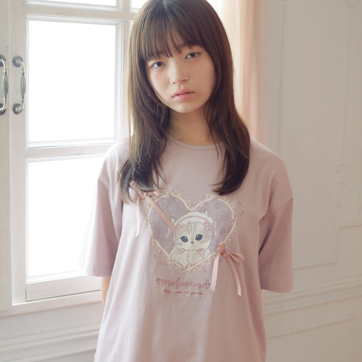 mofusand Balletcore T-Shirt Peach Ribbon Meow (Pink)