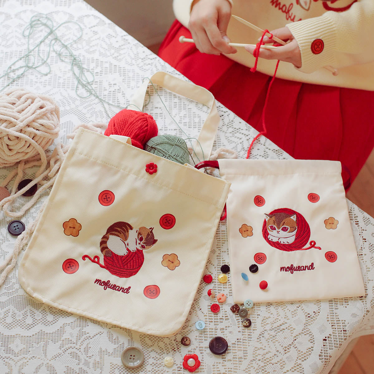 mofusand 毛糸玉 巾着 すっぽりにゃん ナチュラル