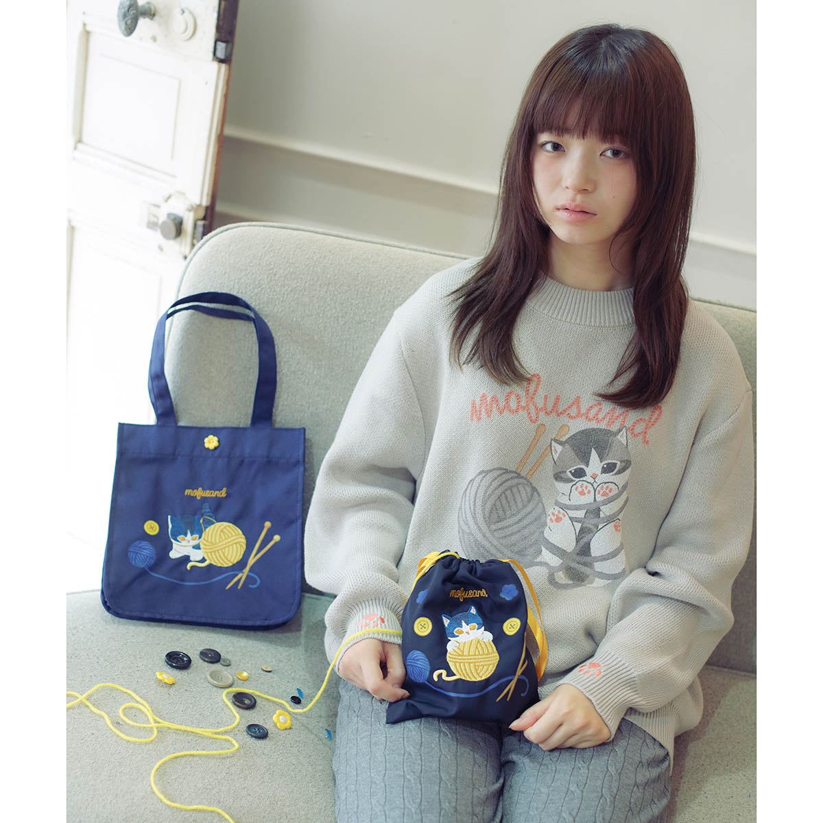 mofusand 毛糸玉 巾着 だっこにゃん ネイビー
