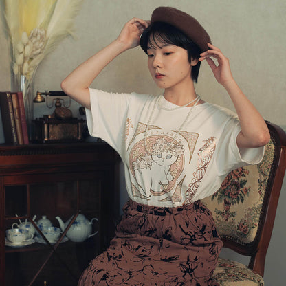 mofusand アールヌーヴォー風 Tシャツ リリー ホワイト