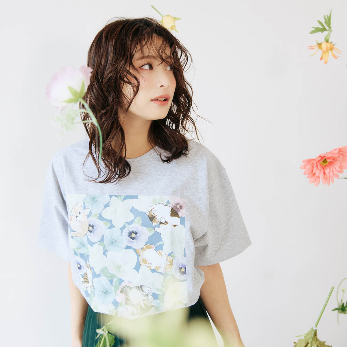 mofusand×日比谷花壇 Tシャツ ウィンターオリジン グレー | mofusand