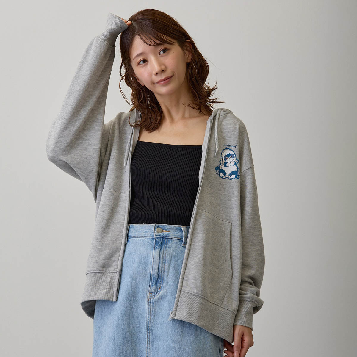 mofusand Country Check Zip Hoodie Shark Meow (Gray)