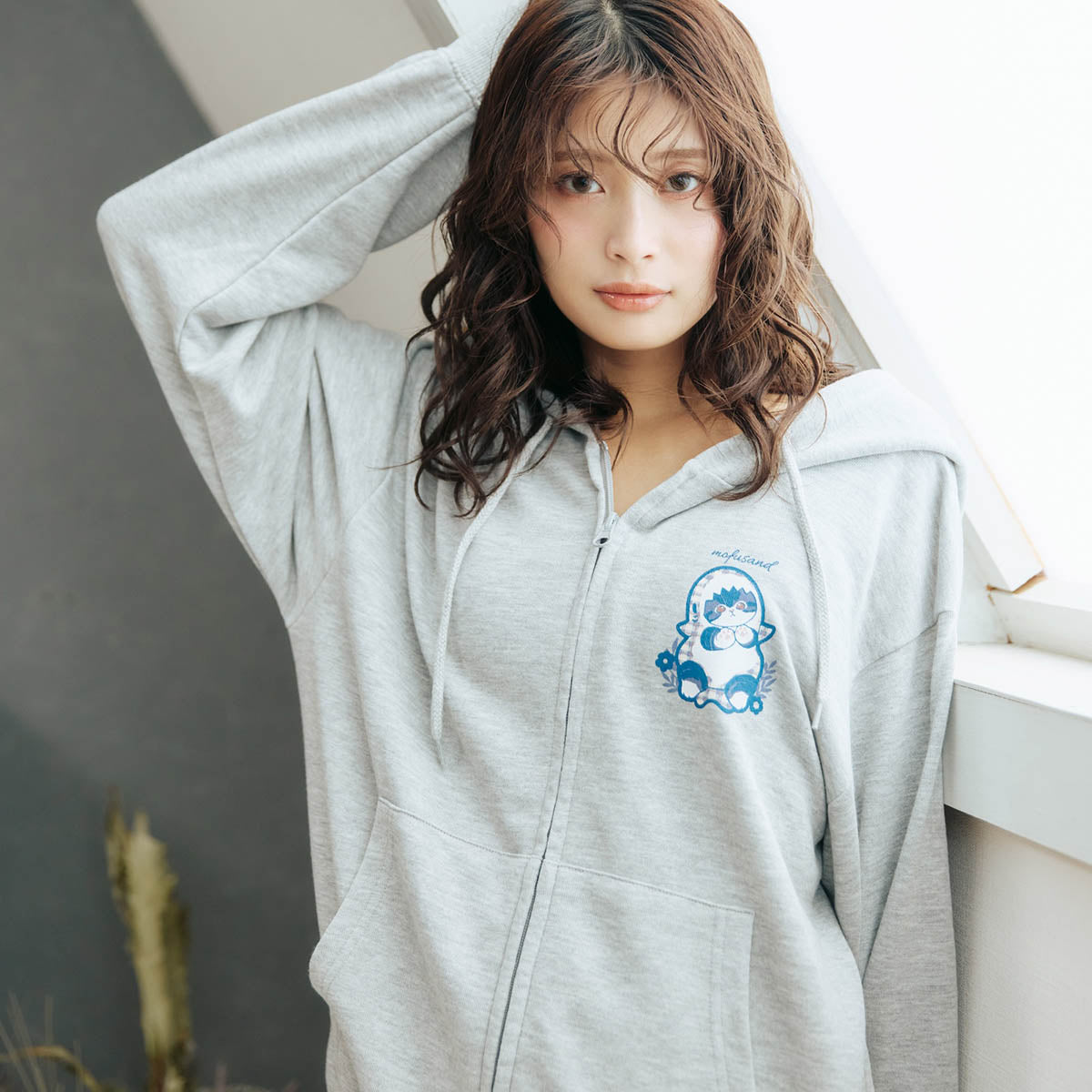 mofusand Country Check Zip Hoodie Shark Meow (Gray)