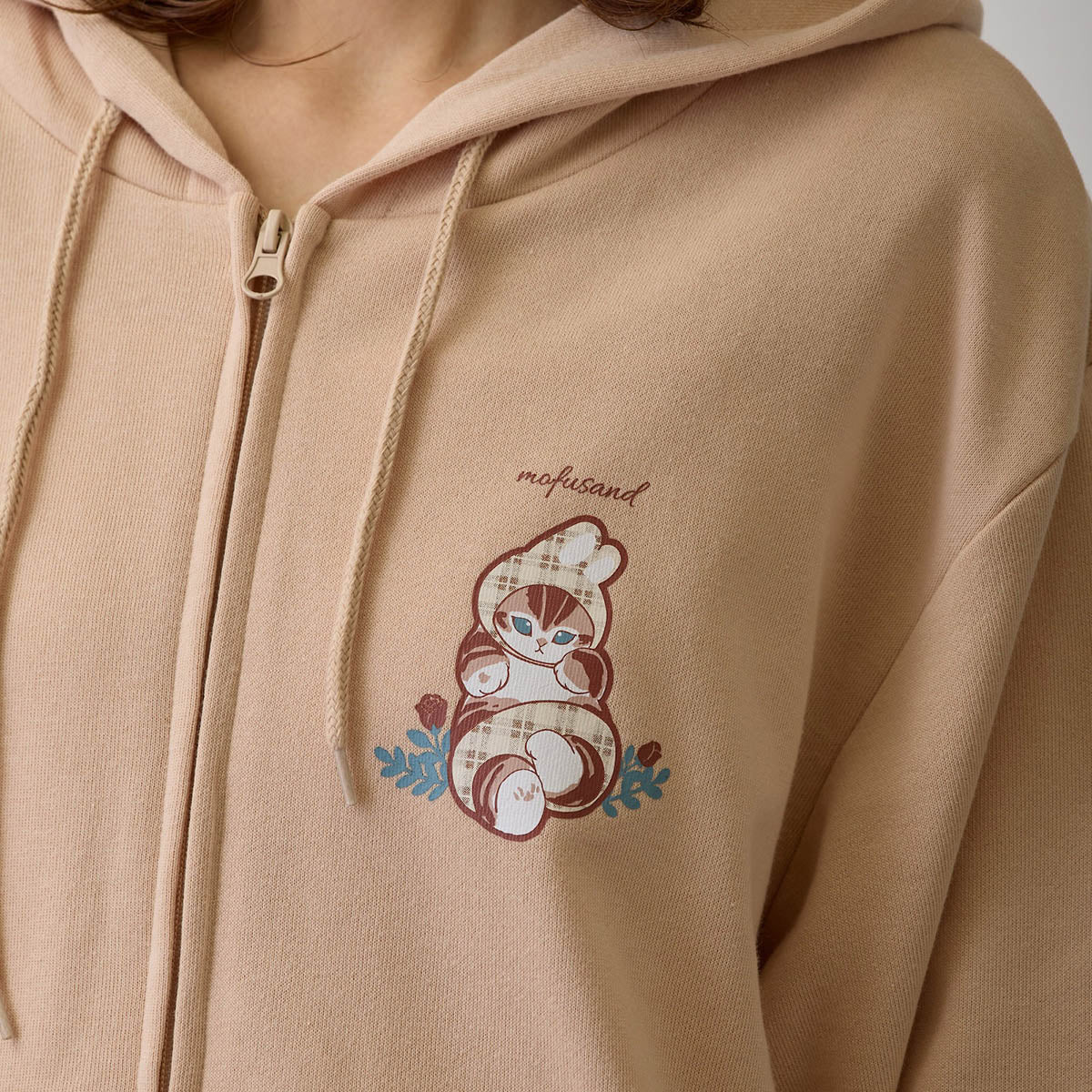 mofusand Country Check Zip Hoodie Rabbit Meow (Natural) | mofusand