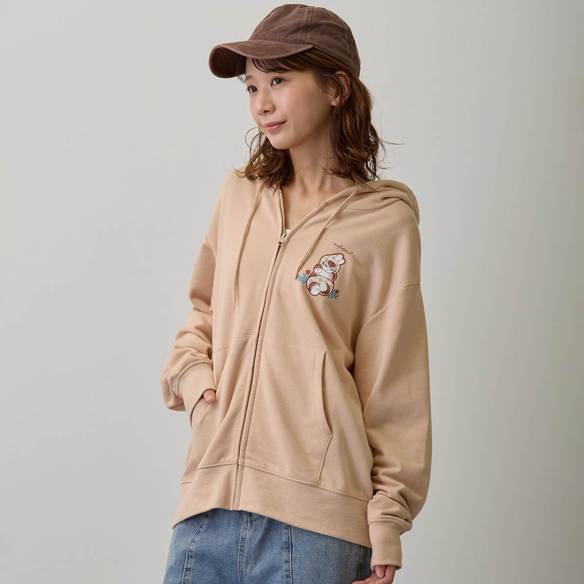 mofusand カントリーチェック ZIPパーカー うさにゃん ナチュラル