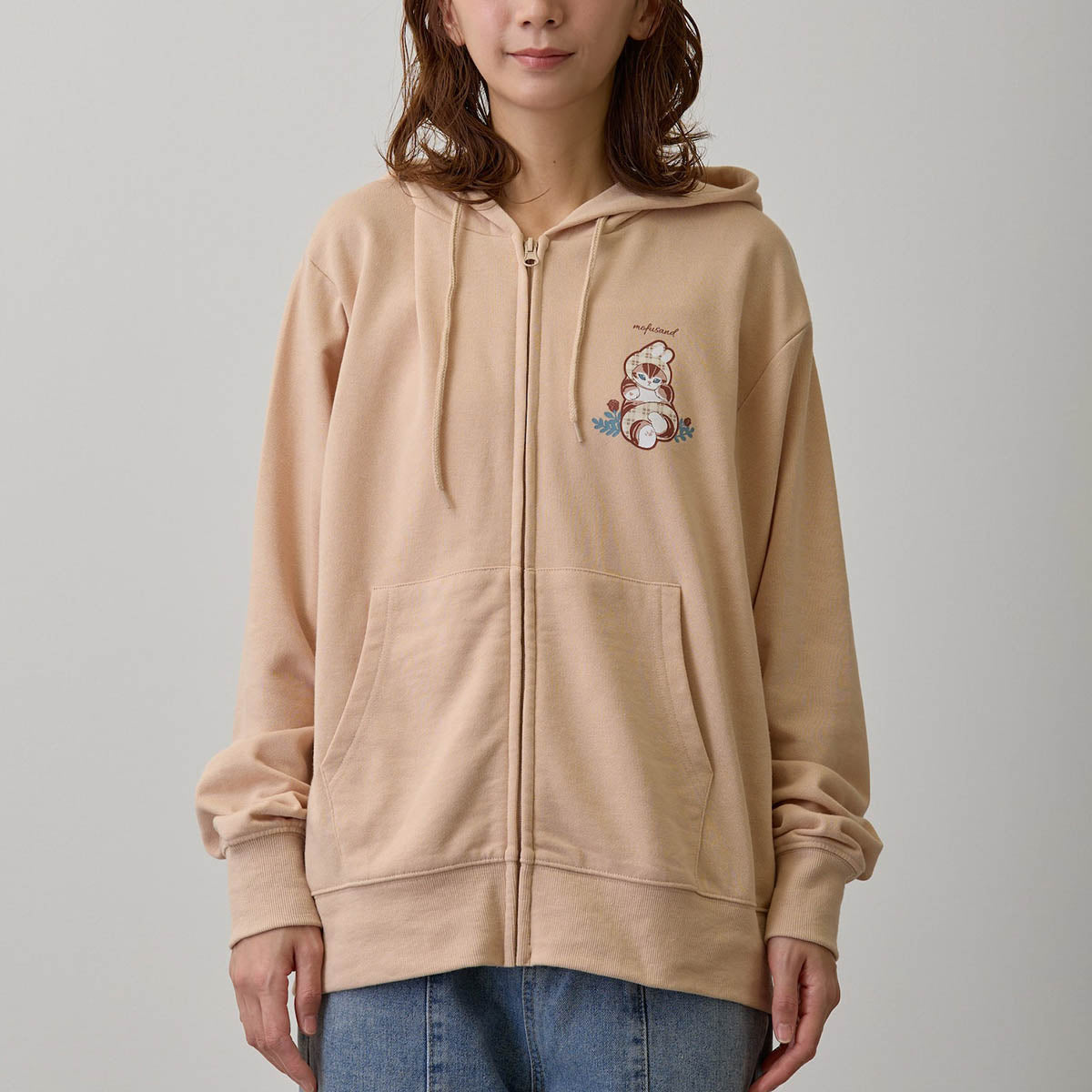 mofusand カントリーチェック ZIPパーカー うさにゃん ナチュラル