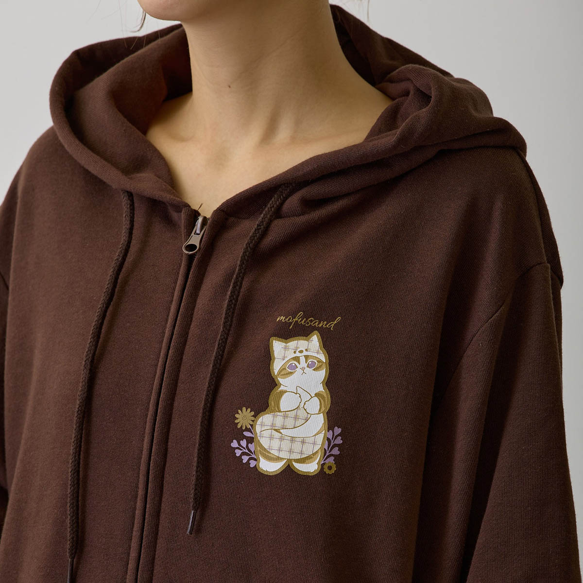 mofusand Country Check Zip Hoodie Fox Meow (Dark Brown)