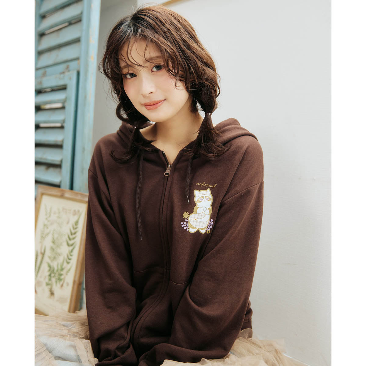mofusand Country Check Zip Hoodie Fox Meow (Dark Brown)