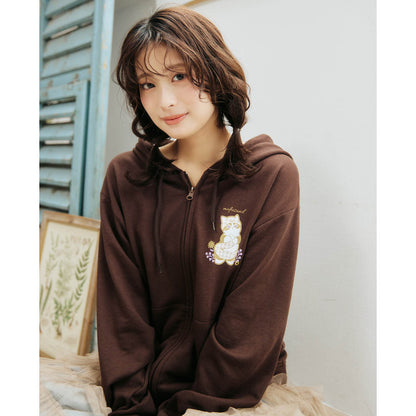 mofusand Country Check Zip Hoodie Fox Meow (Dark Brown)