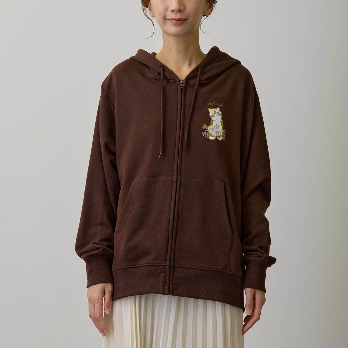 mofusand Country Check Zip Hoodie Fox Meow (Dark Brown)