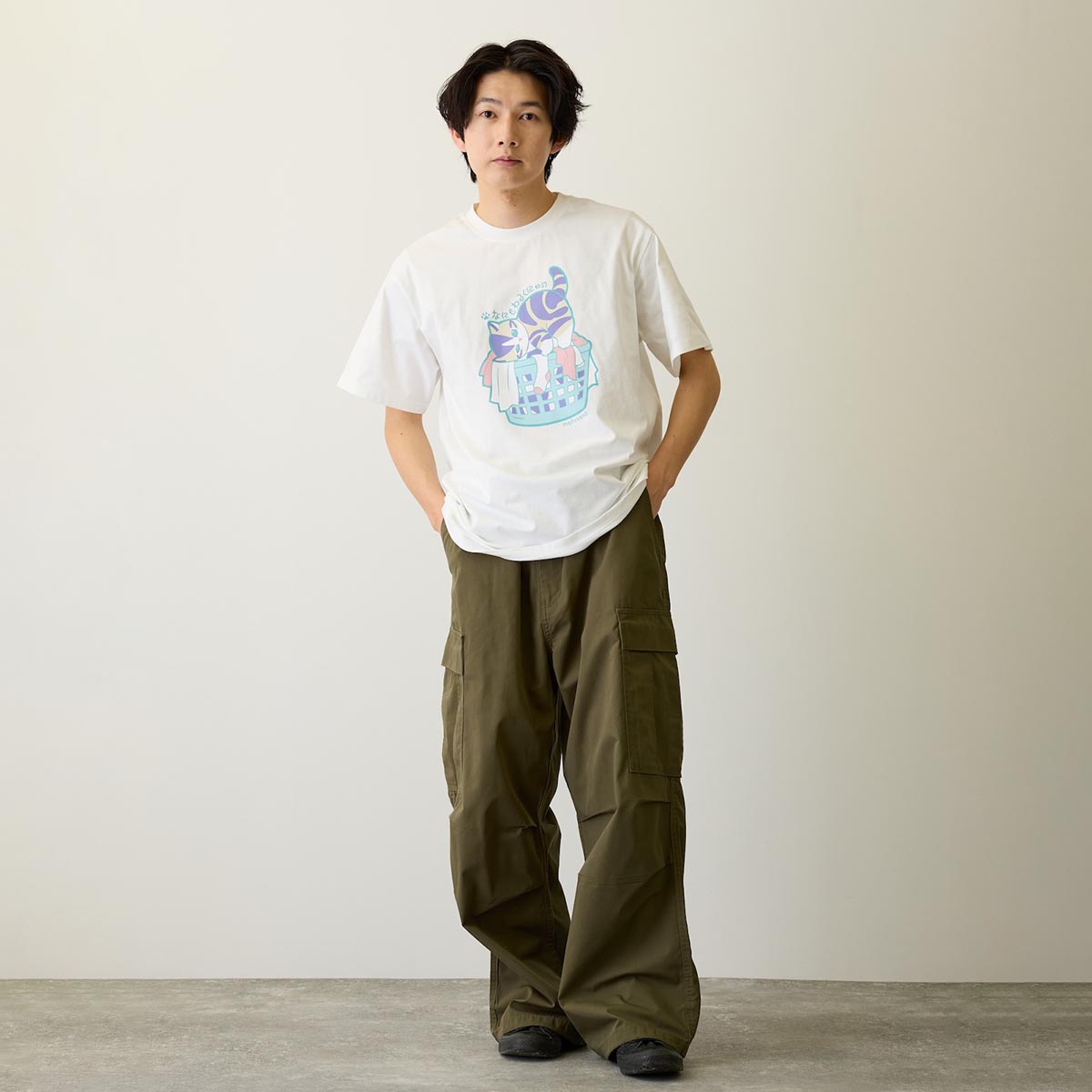 mofusand なにもわるくにゃい Tシャツ 洗濯物だいすきにゃん ホワイト