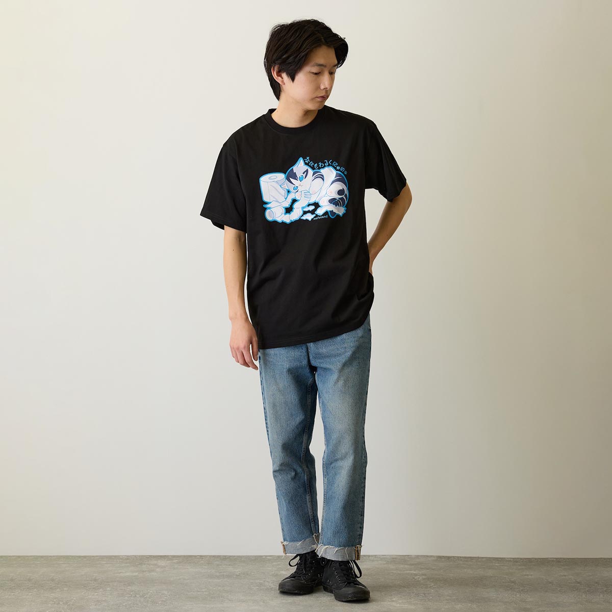 mofusand なにもわるくにゃい Tシャツ トイレットペーパーだいすきにゃん ブラック