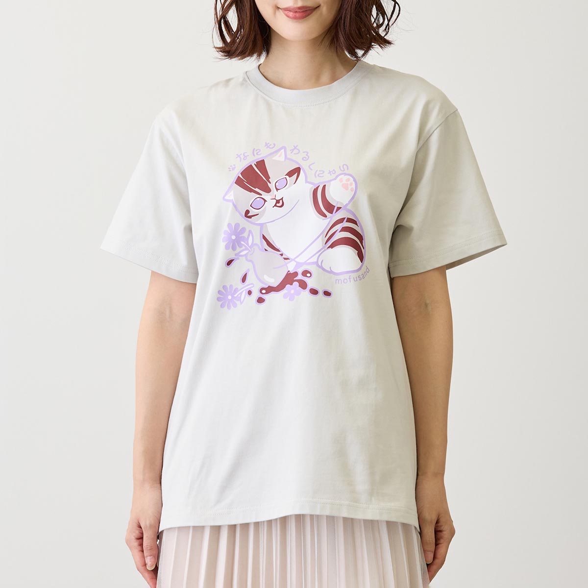 mofusand なにもわるくにゃい Tシャツ 花瓶だいすきにゃん グレー