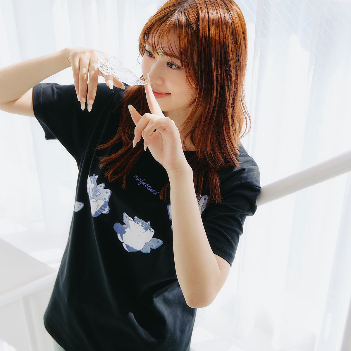 mofusand ちょうちょにゃん Tシャツ いろはねにゃん ブラック