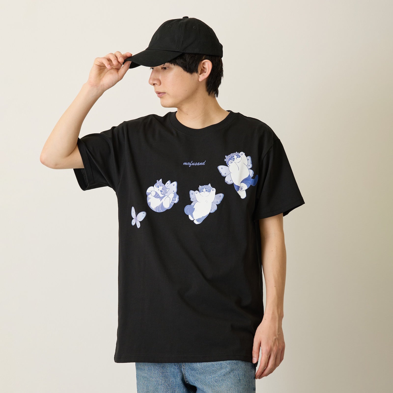 モフモフ mofusand ちょうちょにゃん Tシャツ いろはねにゃん ブラック