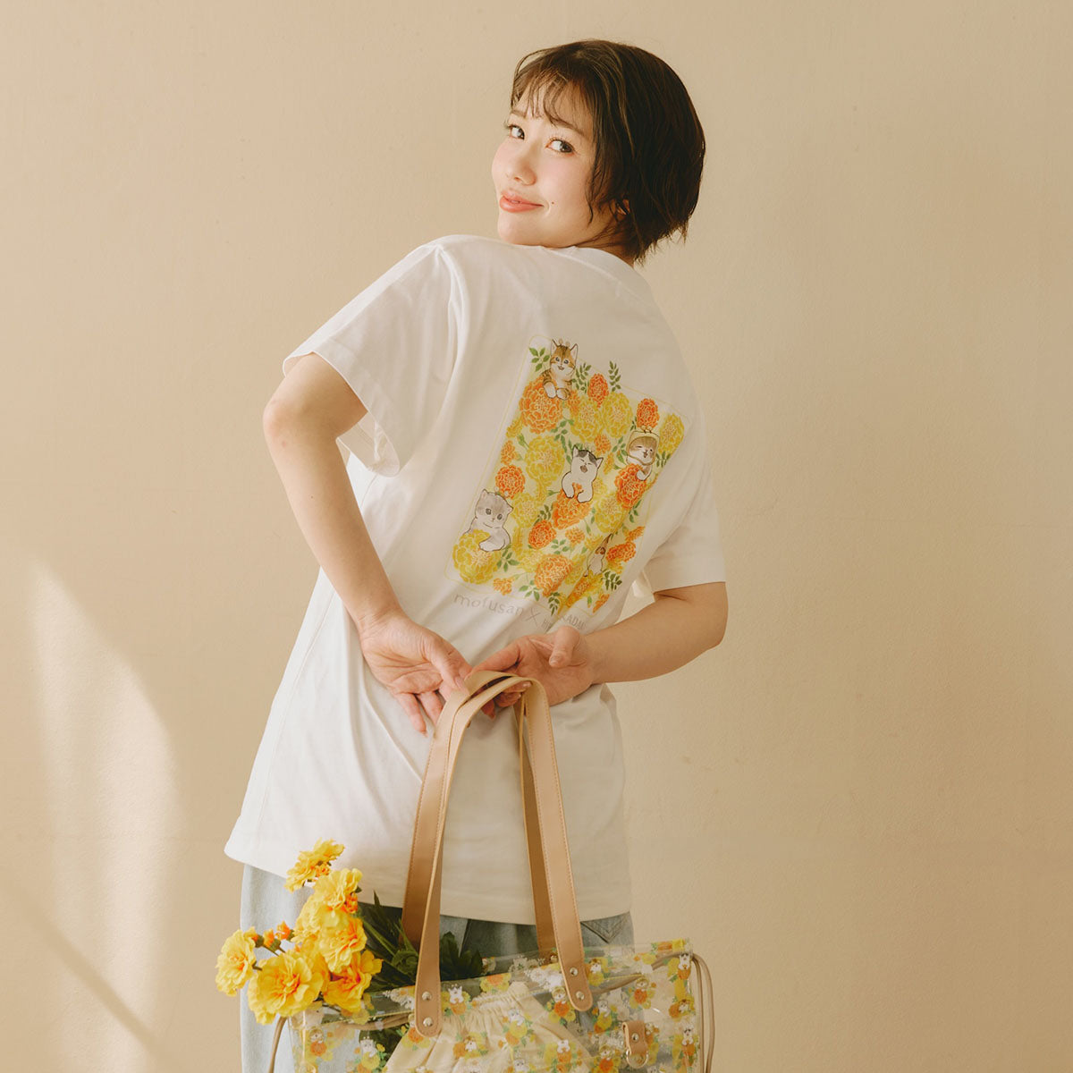 mofusand × 日比谷花壇 T恤 金盞花 白色
