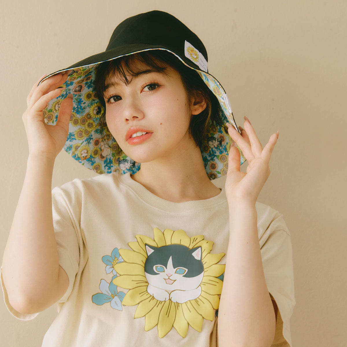 mofusand×日比谷花壇 UVカットガーデンハット サンフラワー ブラック