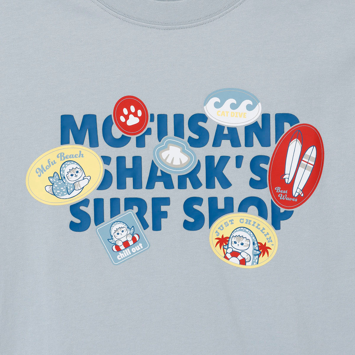 mofusand BOARD SHARK! T-Shirt SURF SHOP Light Blue