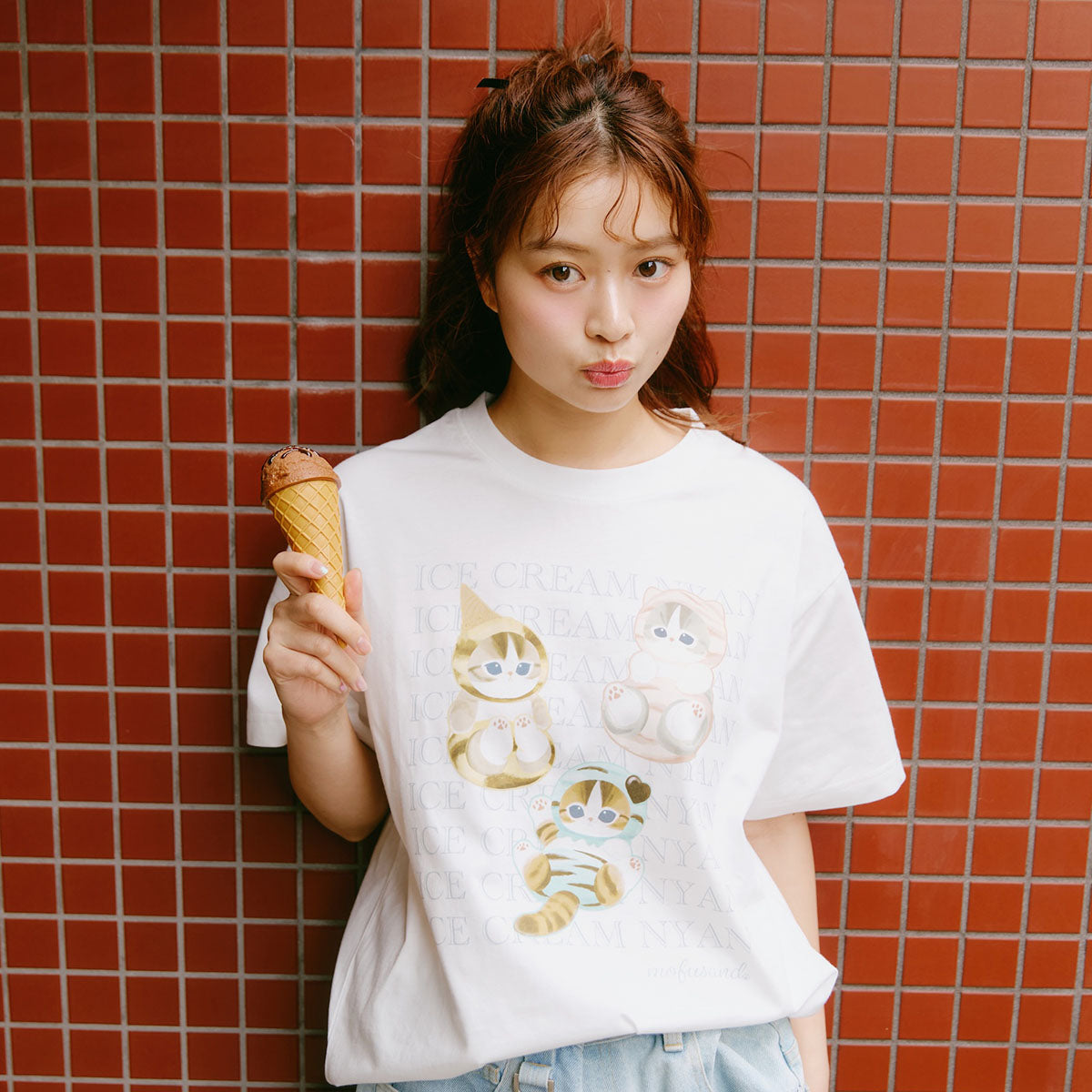 mofusand T恤 ICE CREAM NYAN 白色