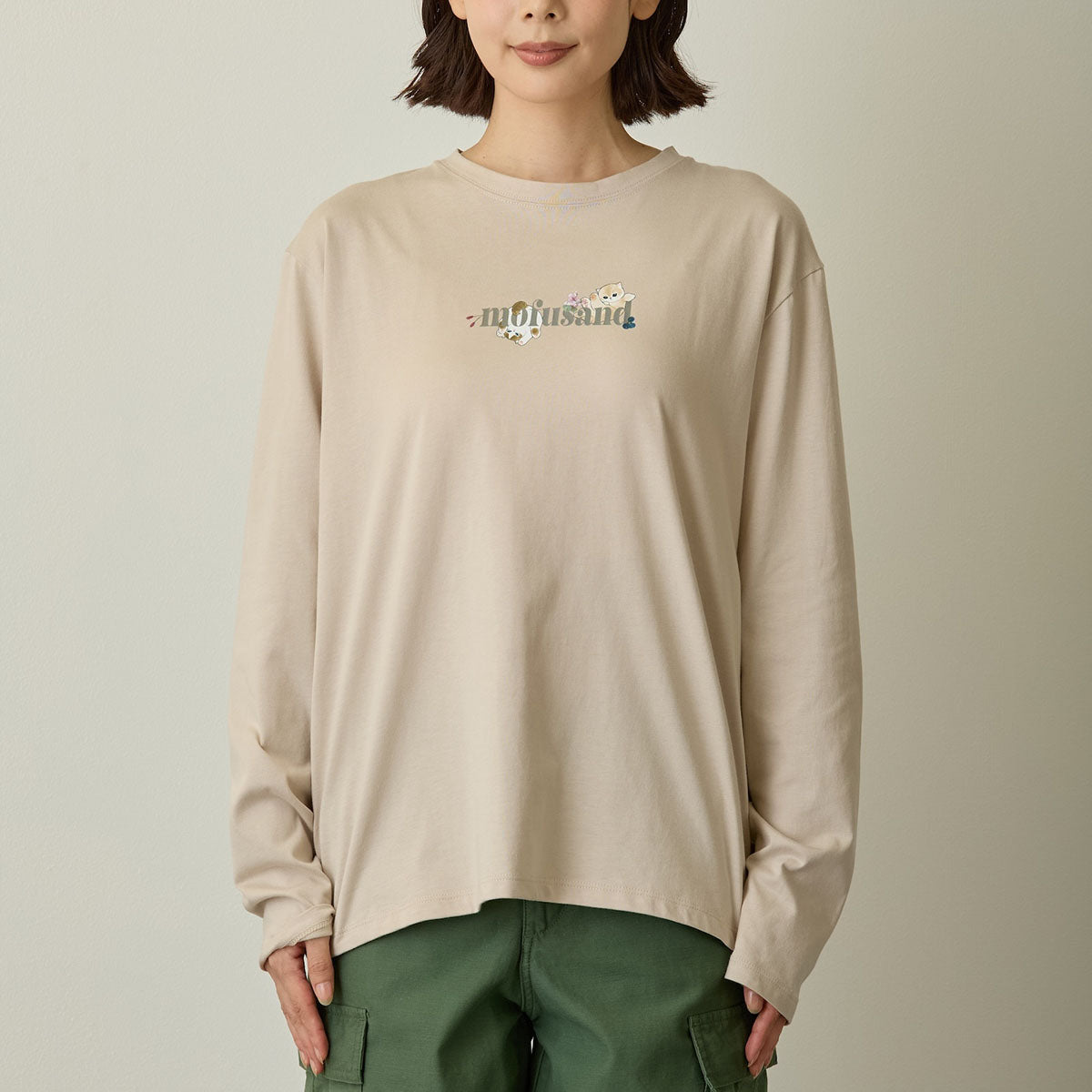 mofusand × 히비야 카단 긴팔 티셔츠 리프 패턴 베이지