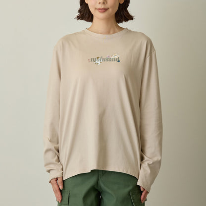mofusand × 히비야 카단 긴팔 티셔츠 리프 패턴 베이지