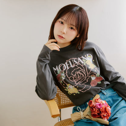 mofusand×日比谷花園 長袖T恤 玫瑰圖案 炭灰色