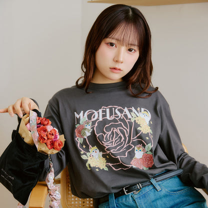 mofusand×日比谷花園 長袖T恤 玫瑰圖案 炭灰色