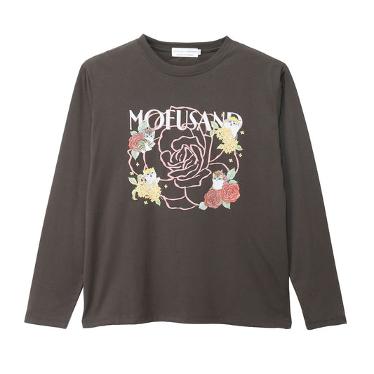 mofusand × HIBIYA-KADAN Long-Sleeve T-Shirt Rose Pattern Charcoal