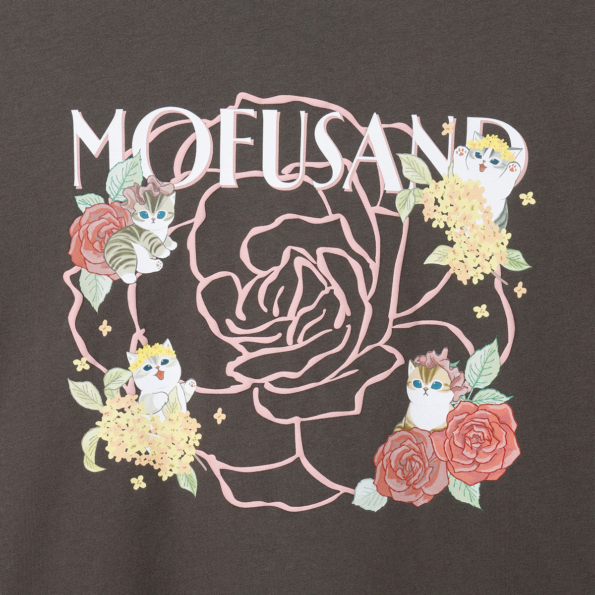 mofusand×日比谷花園 長袖T恤 玫瑰圖案 炭灰色