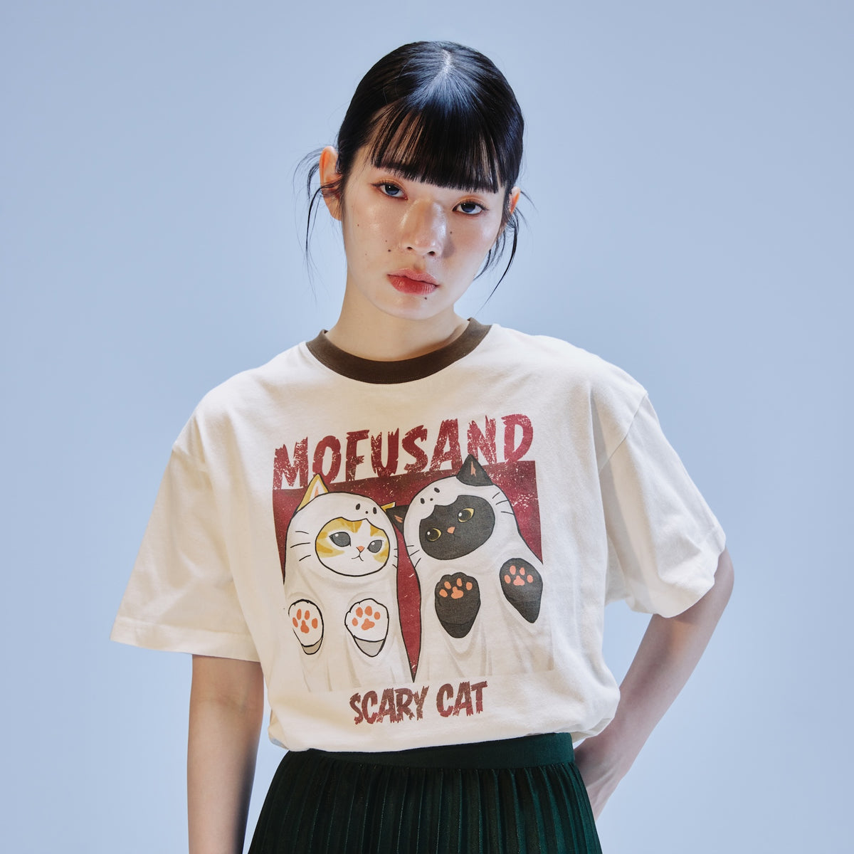 mofusand 티셔츠 SCARY CAT 화이트