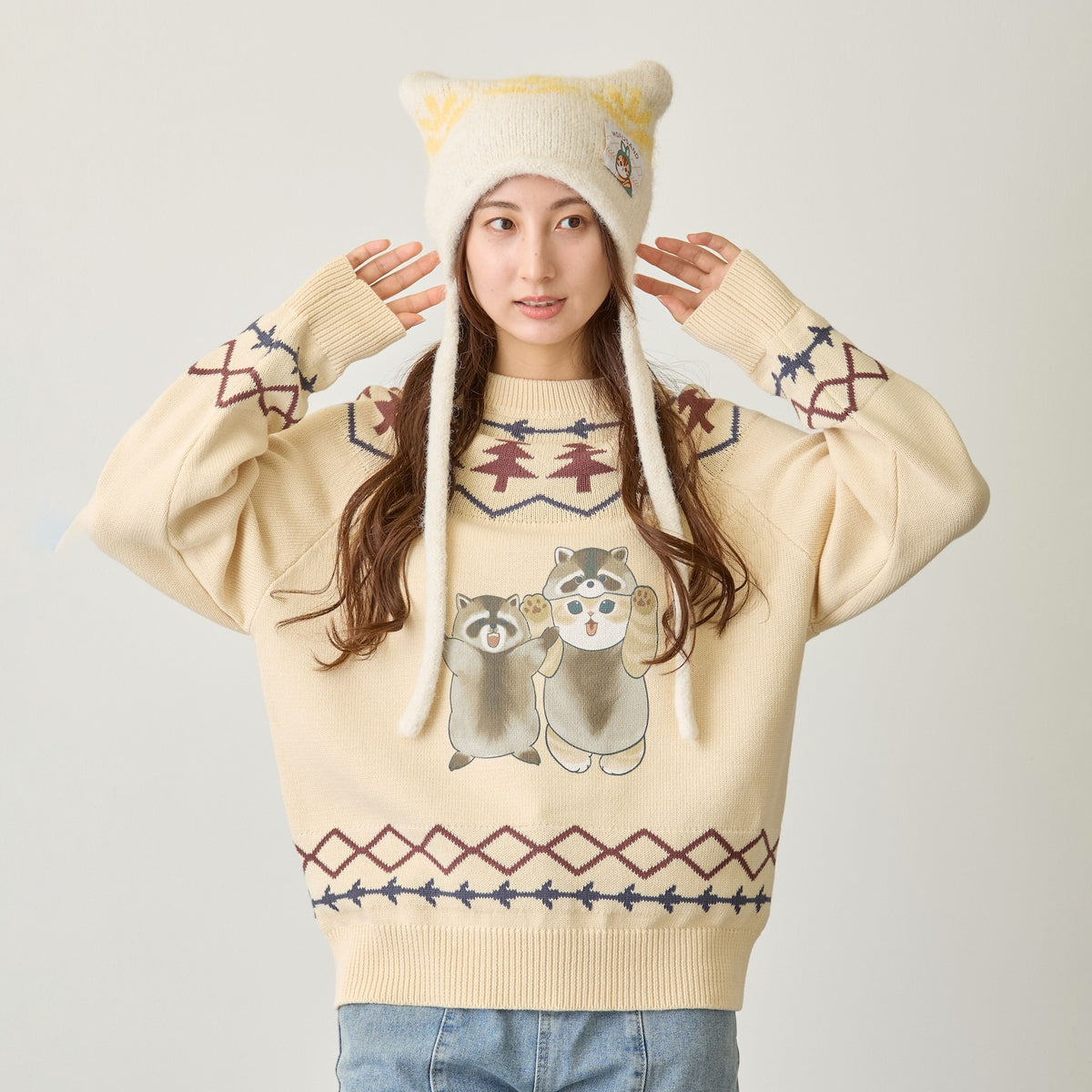 mofusand  WOODLANDS 스웨터 RACOON 내츄럴