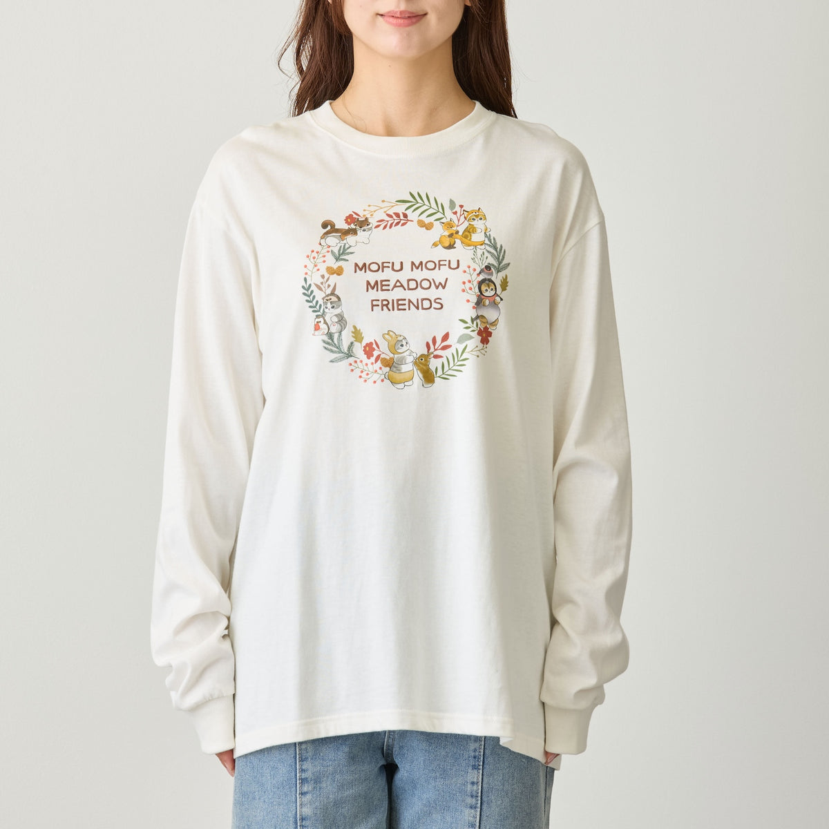 mofusand  WOODLANDS 긴팔 T셔츠 MEADOW FRIENDS 화이트