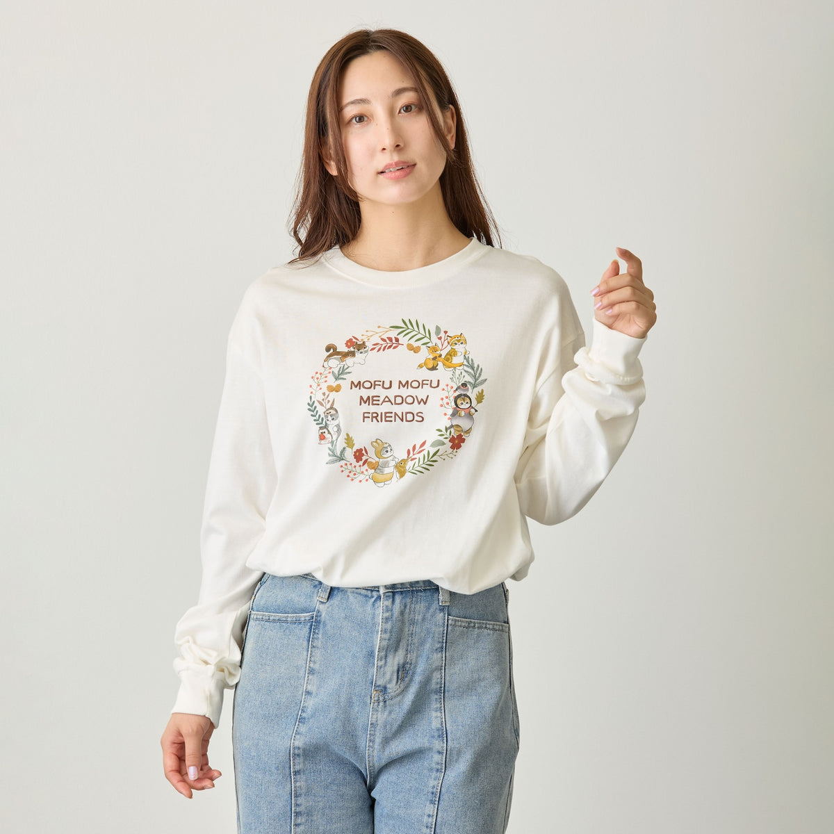 mofusand  WOODLANDS 긴팔 T셔츠 MEADOW FRIENDS 화이트
