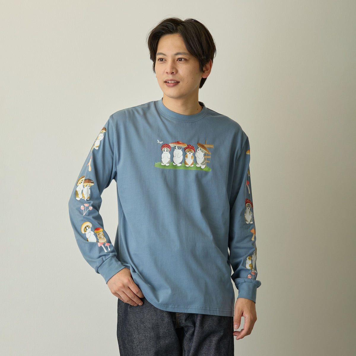 mofusand  WOODLANDS 긴팔 T셔츠 MUSHROOM 색소폰 블루