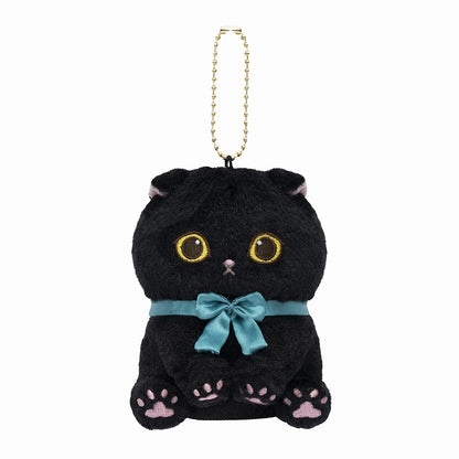 mofusand Sitting Black Cat Mascot Keychain (Blue Ribbon)