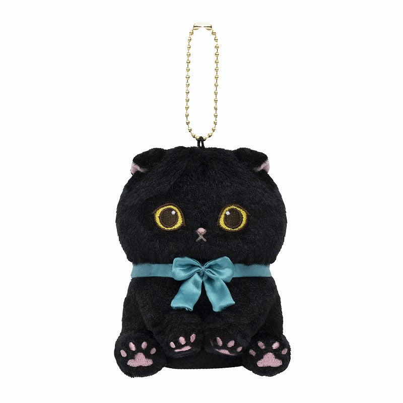 mofusand Sitting Black Cat Mascot Keychain (Blue Ribbon)